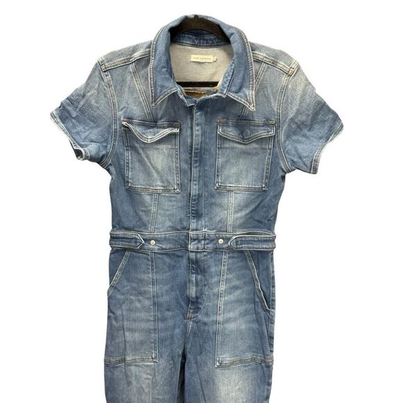 Good American Denim Short Sleeve Jumpsuit Size 4 Zip Front Flare Legs Blue - Picture 5 of 16